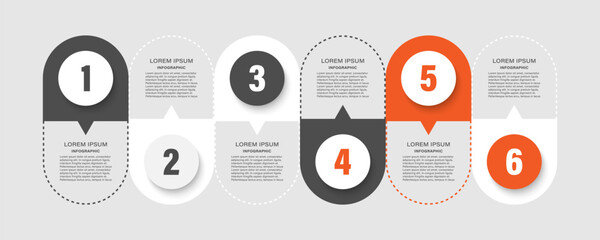 Creative six-step infographic layout with alternating shapes and bold numeric highlights. 