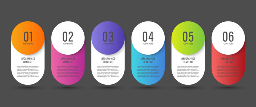 Round infographic elements six steps layout for presentation slides and data visualization.