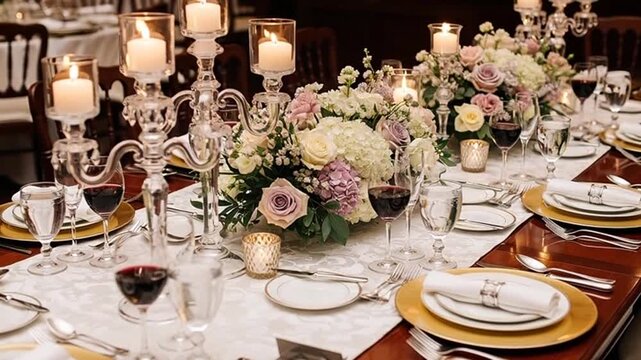 Elegant table setting with floral centerpiece and candelabra graces a formal dining room, creating a romantic and celebratory atmosphere for a special event.