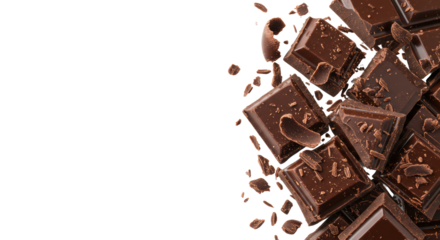 Broken, rich dark chocolate pieces and delicate shavings scattered dynamically on a transparent background with copy space, macro close-up, tempting gourmet indulgence concept