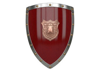 Isolated old metallic maroon shield with copper emblem, medieval armor safety device