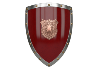 Isolated old metallic maroon shield with copper emblem, medieval armor safety device