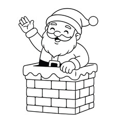 line art of Santa claus showing up from chimney and waving his hand vector