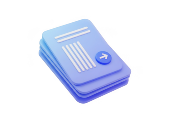 Stack of blue documents with a circular icon and lines isolated on transparent background