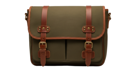 Isolated olive-green canvas messenger bag with brown leather trim and straps for daily use