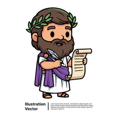 Cartoon illustration of a wise ancient Greek philosopher writing on a scroll with a quill pen