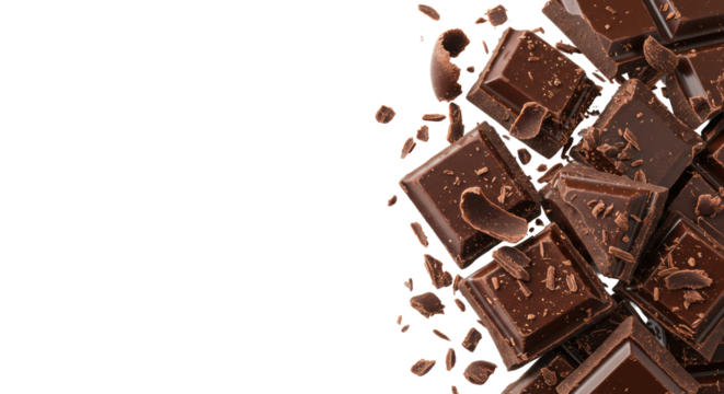 Broken, rich dark chocolate pieces and delicate shavings scattered dynamically on a transparent background with copy space, macro close-up, tempting gourmet indulgence concept