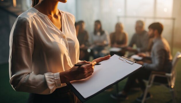 Female facilitator with clipboard leading group therapy and discussion session
