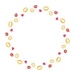 Wedding rings and kisses circle frame. Valentine’s Day round wreath. Vector hand drawn cartoon illustration for packaging design, card templates, decorative border, invitations