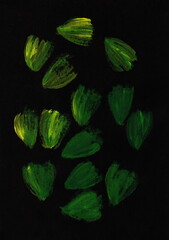 A minimalist abstract image, executed in an expressive manner, creating a sense of glow in the dark. Small groups or individual elements resembling stylized petals and buds.