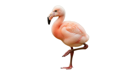 Isolated Flamingo, a tall, large pink bird balancing on one leg with beak near chest