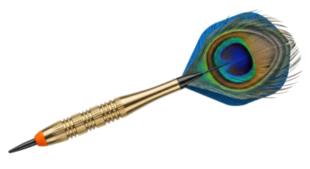 Isolated Gold Dart with Peacock Feather Fletching for Game Target Sport Accuracy Hobby