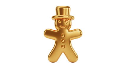 Shiny golden gingerbread man cookie wearing a top hat and smiling isolated on transparent background