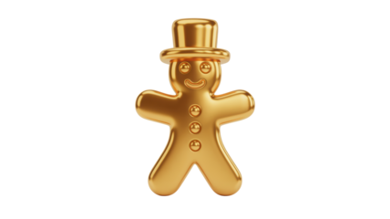 Shiny golden gingerbread man cookie wearing a top hat and smiling isolated on transparent background