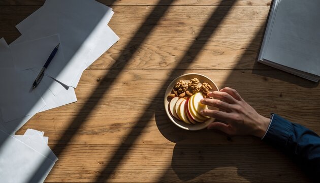 Hand reaching for cookies on desk symbolizing stress snacking at work