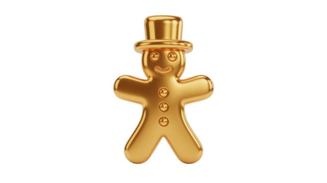 Shiny golden gingerbread man cookie wearing a top hat and smiling isolated on transparent background