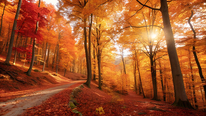 Autumn Forest Landscape with Colorful Foliage and Sunlight Shining Through Trees Creating Warm and Inviting Nature Scene