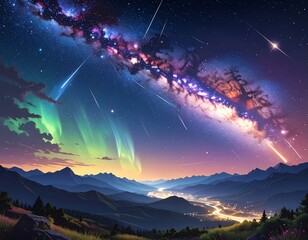 Aurora and meteor showers light up a valley beneath a vibrant, sprawling galaxy
