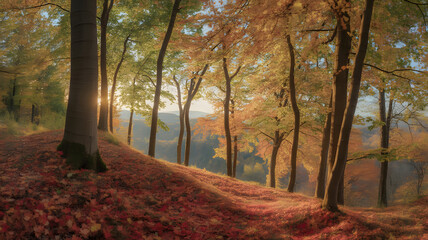 Autumn Forest Landscape with Golden Sunlight Shining Through Trees Creating Picturesque Scenery on Hillside Covered in Colorful Fallen Leaves with Misty Background