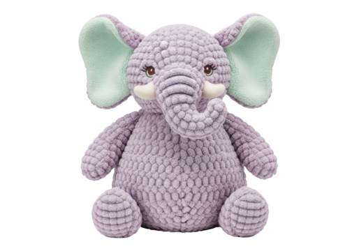 Isolated lavender elephant plush toy, cozy knitted fabric, cute stuffed animal for babies