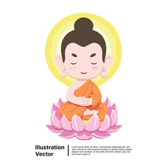 Cute Cartoon Buddha Meditating on a Lotus Flower with Halo