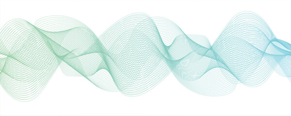 Abstract Light green and Cyan Gradient Wave Line Art with Smooth, Flowing, and Dynamic Ribbon Pattern. Spaced and curve in white background, with forming symmetrical sine wave shapes and depth.