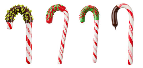 Christmas Candy Cane Set PNG. Collection of four 3D peppermint sticks dipped in chocolate and frosting with sprinkles. Festive holiday sweet dessert pack for winter design and greeting cards PNG