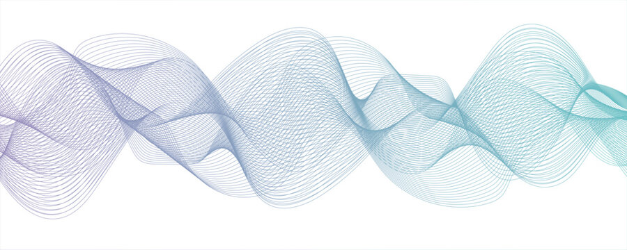 Abstract Light Blue and Cyan Gradient Wave Line Art with Smooth, Flowing, and Dynamic Ribbon Pattern. Spaced and curve in white background, with forming symmetrical sine wave shapes and depth.