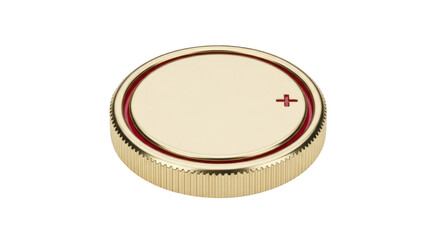 Isolated gold and red button cell battery with a positive symbol, power supply, energy