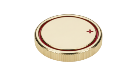 Isolated gold and red button cell battery with a positive symbol, power supply, energy