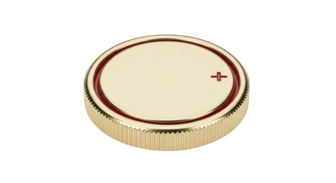 Isolated gold and red button cell battery with a positive symbol, power supply, energy