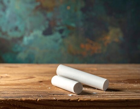 Two white chalk pieces rest on textured wood, set against a mottled teal & brown background
