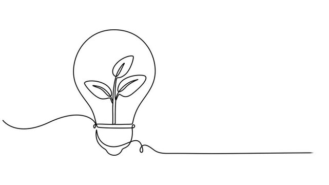Light bulb with leaves one line art animation, Animated self drawing of single continuous line draw lightbulb with green natural leaf for company logo label. Green power innovation logotype symbol