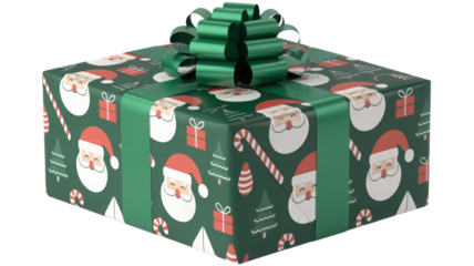 Festive green christmas gift box wrapped in paper with santa claus faces and candy canes isolated on transparent background