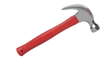 Isolated claw hammer tool featuring a red handle grip lying diagonally in studio shot
