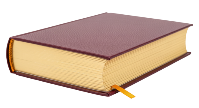 Isolated book with burgundy cover, gilded pages and ribbon bookmark on neutral background