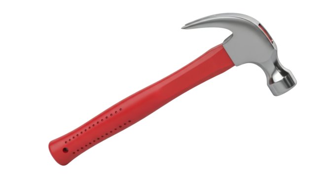 Isolated claw hammer tool featuring a red handle grip lying diagonally in studio shot - Powered by Adobe