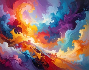 A vibrant, swirling abstract painting with flowing, layered colors blending in a dynamic composition