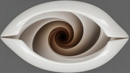 Abstract eye with a spiral pattern in shades of white and brown.