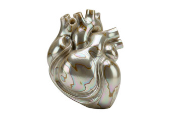 Isolated mother-of-pearl anatomical human heart object, medical artwork, pearlescent sheen art