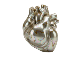 Isolated mother-of-pearl anatomical human heart object, medical artwork, pearlescent sheen art