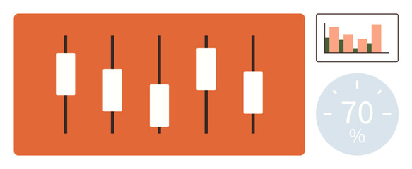 Candlestick charts illustrate price trends alongside a bar graph and percentage indicator. Ideal for finance, data analysis, business growth, stocks, market trends, trading, simple flat metaphor