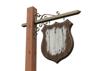 Isolated shield sign, rustic aged style, hanging from a wooden post; advertisement concept