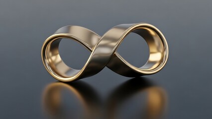 Gold infinity symbol on a dark reflective surface, representing endlessness and continuity.