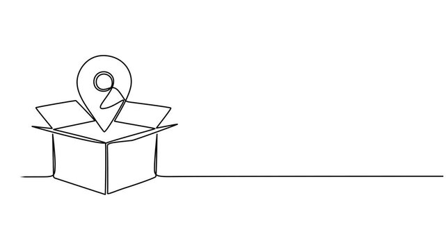 Box with Location Pin continuous one line drawing animation, Continuous one line drawing Stack of cardboard box with location pin. Single line drawing illustration Stack of carton box. Online delivery