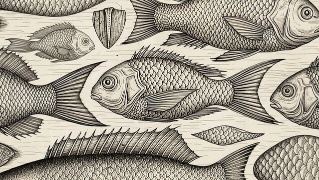 Detailed Fish Illustration - A Vintage-Inspired Aquatic Pattern.