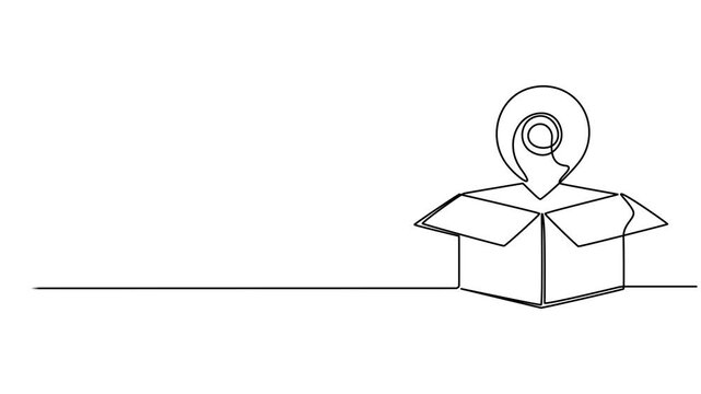 Box with Location Pin continuous one line drawing animation, Continuous one line drawing Stack of cardboard box with location pin. Single line drawing illustration Stack of carton box. Online delivery
