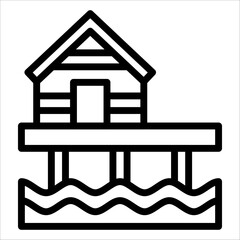Single summer wood cabin icon with black line style for design element or coloring book element