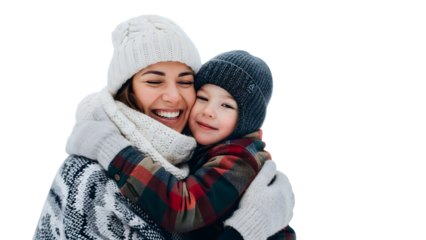 Happy mother and child embracing warmly in winter attire, sharing a joyful moment, isolated on transparent background