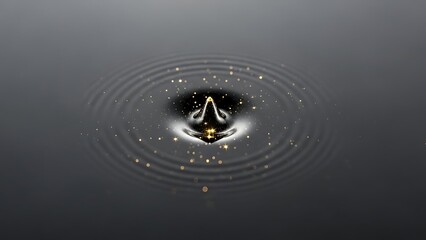 Water drop creating ripples in dark liquid with golden specks.